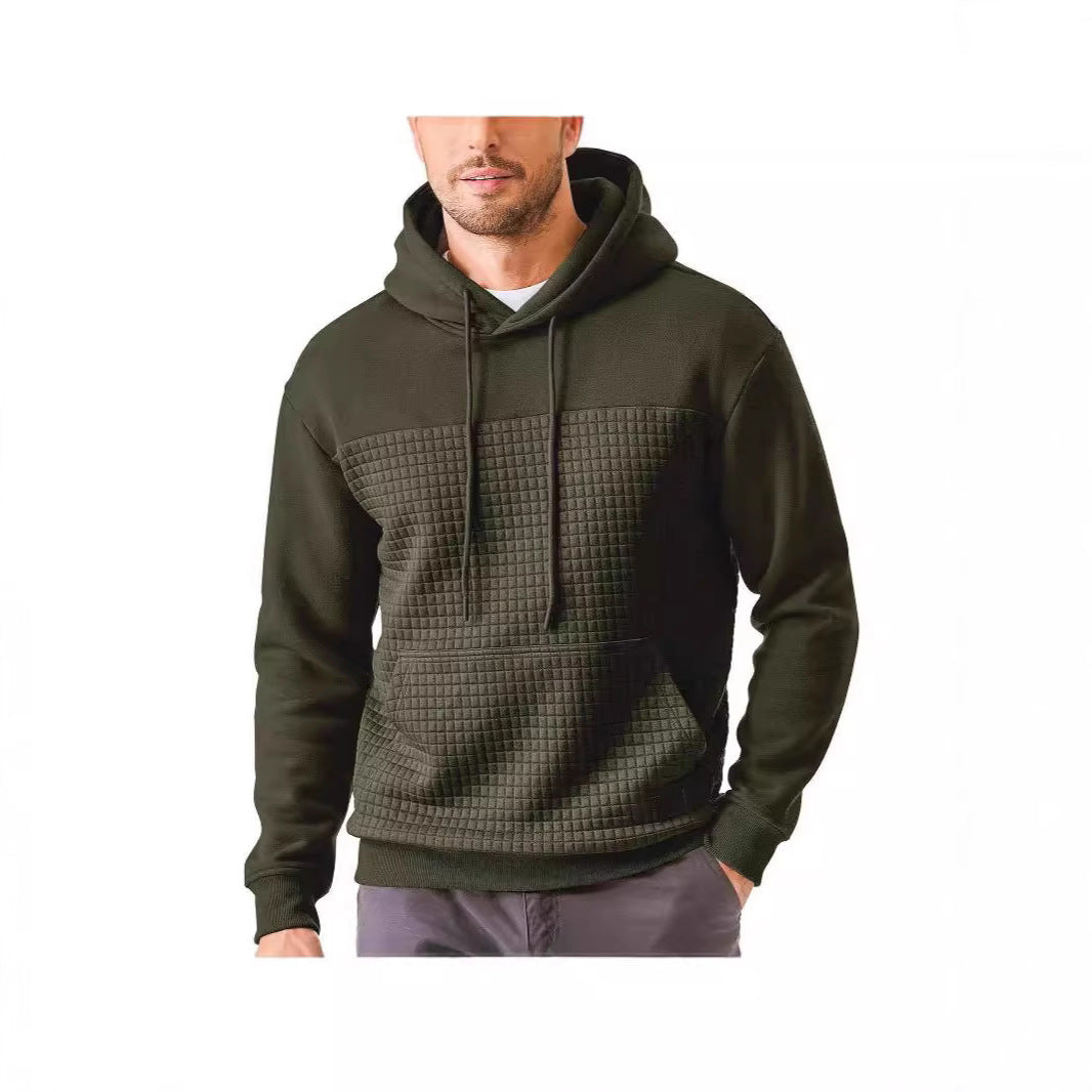 Mens Plus-Size Casual Sporty Fleece-Lined Hooded Patchwork Plaid Sweatshirt Jacket