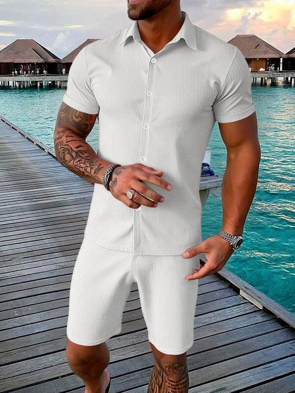 Men's Casual Button-up Short-sleeve Top And Shorts Two-piece Set