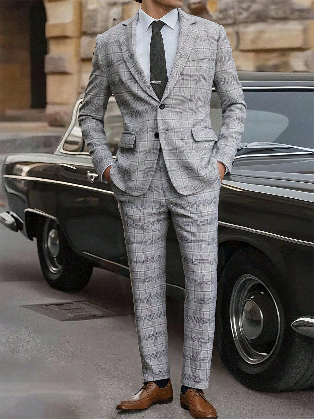 Mens Slim-Fit Plaid Business Suit Two-Piece Set