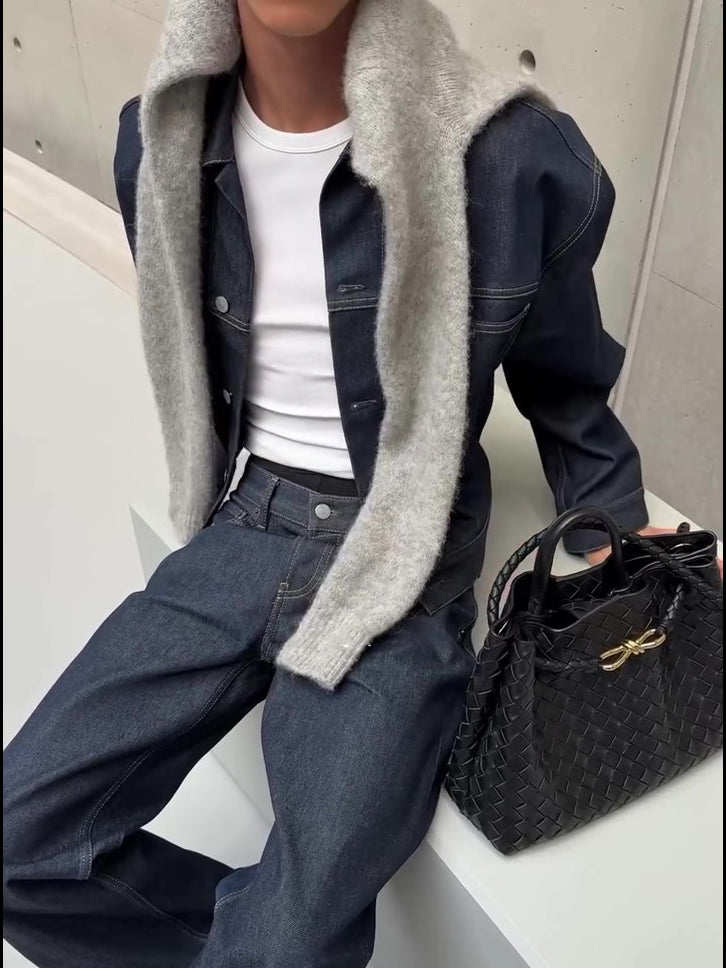 Dark Denim Oversized Jacket And Wide-Leg Pants Set