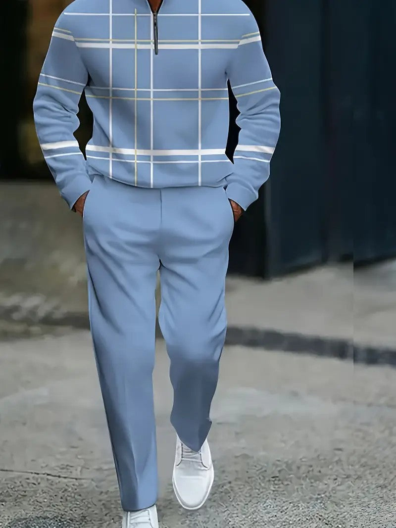 Long-sleeve Polo Shirt Long Pants Half-zip Placket Casual Sportswear Set