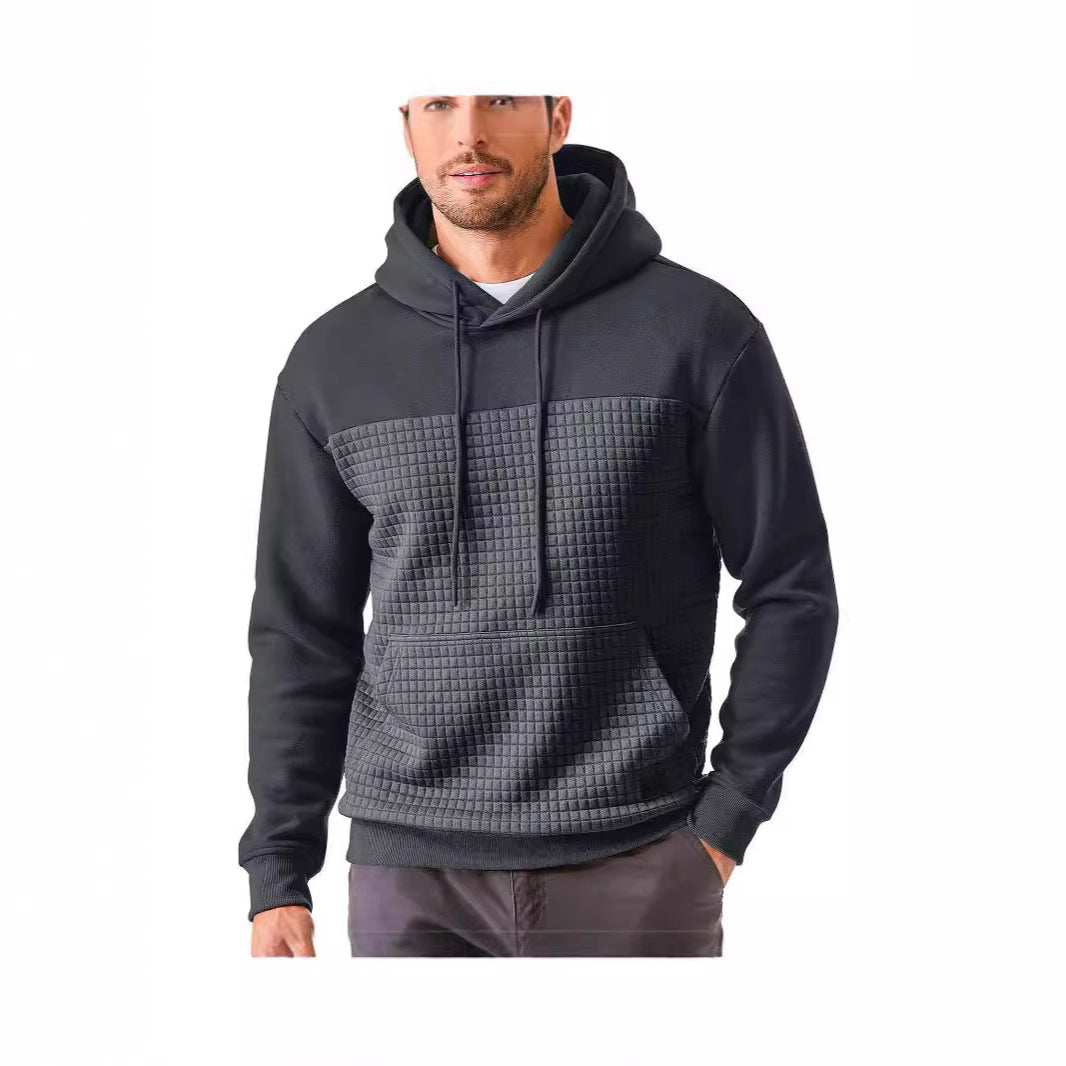 Mens Plus-Size Casual Sporty Fleece-Lined Hooded Patchwork Plaid Sweatshirt Jacket
