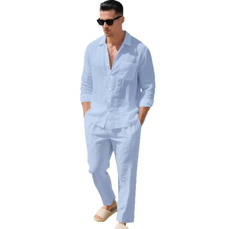 Beach Leisure Loose Collar Shirt Long Sleeve Pants Set