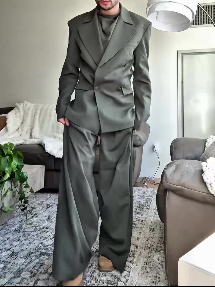 Olive Green Oversized Three-Piece Suit With Blazer, Waistcoat And Wide-Leg Pants