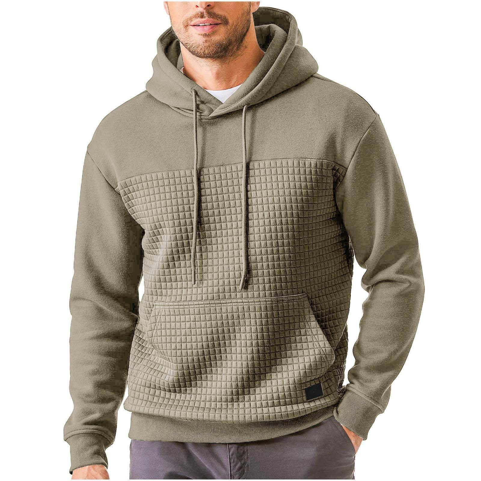 Mens Plus-Size Casual Sporty Fleece-Lined Hooded Patchwork Plaid Sweatshirt Jacket