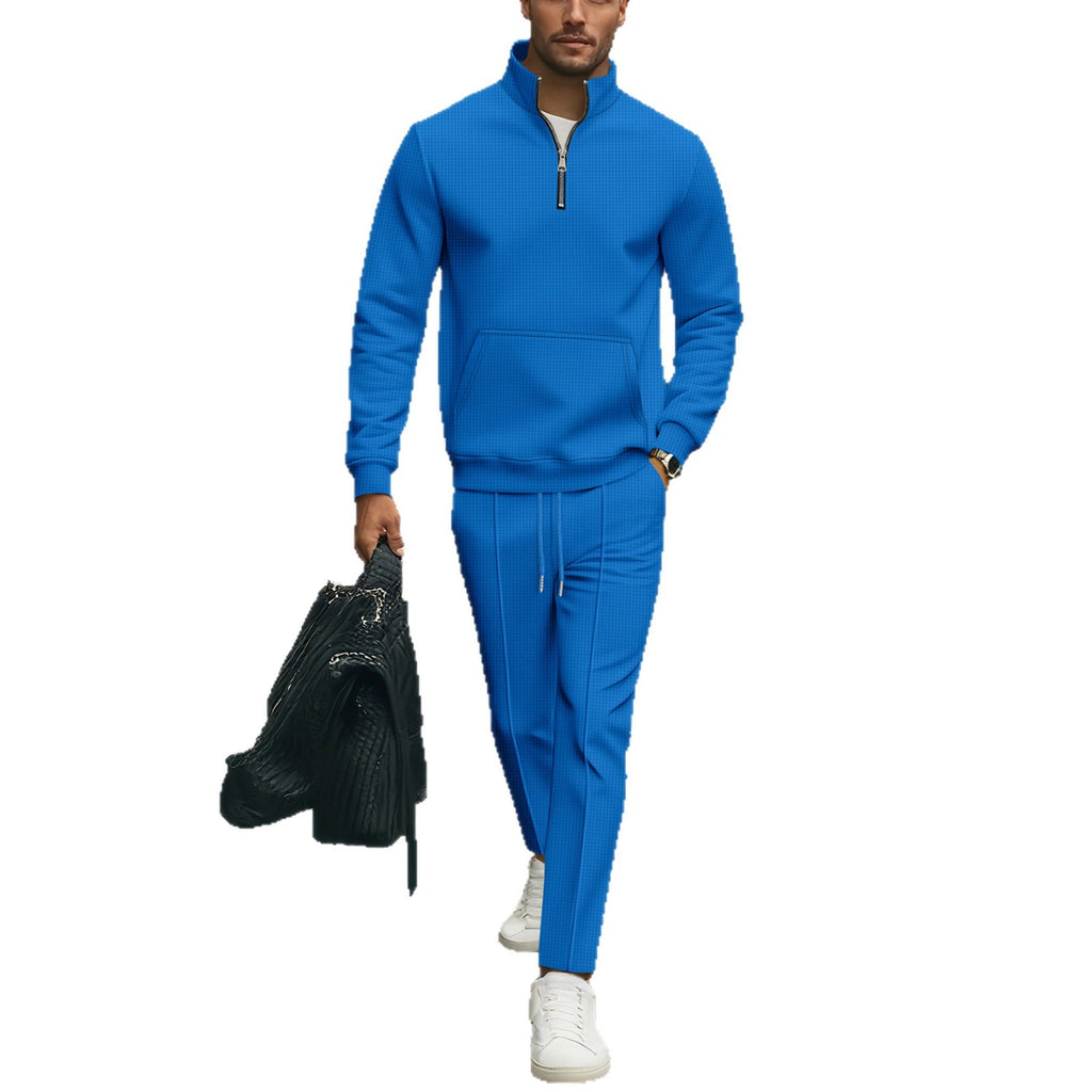 Waffle-pattern Solid-color Stand-up Collar Pocket Half-zip Long-sleeve Hoodie And Pants Set