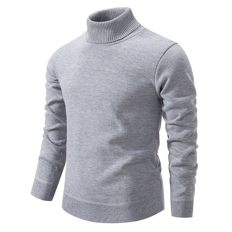 Men's Turtleneck Pullover Sweater Fashion Solid Color Fleece Lined Knitted Long-sleeved Top Clothing