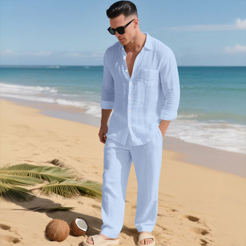 Beach Leisure Loose Collar Shirt Long Sleeve Pants Set