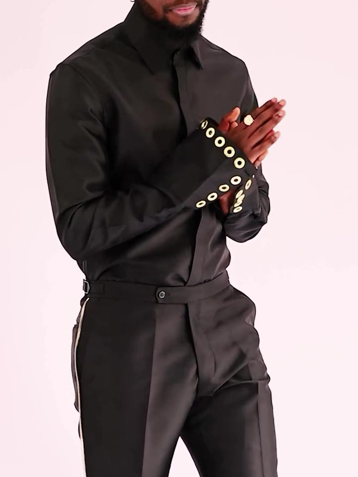 Chic Black Formal Ensemble With Adjustable Eyelet Trim And Structured Silhouette