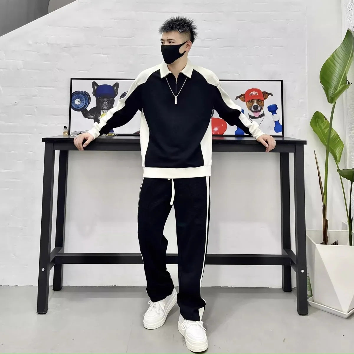 Men's Simple Striped Color-block Hooded Sweatshirt Set