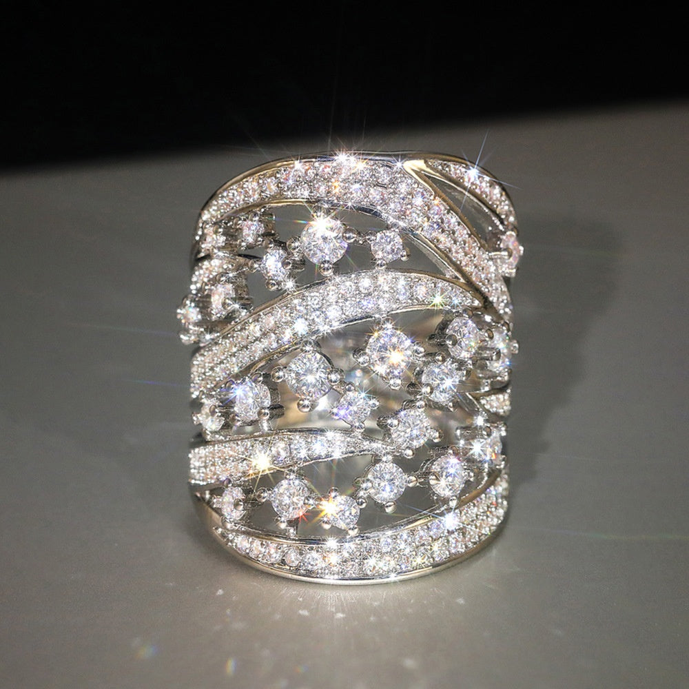 Shimmering Zircon-inlaid Ring For Womenelegant And Intricately Crafted