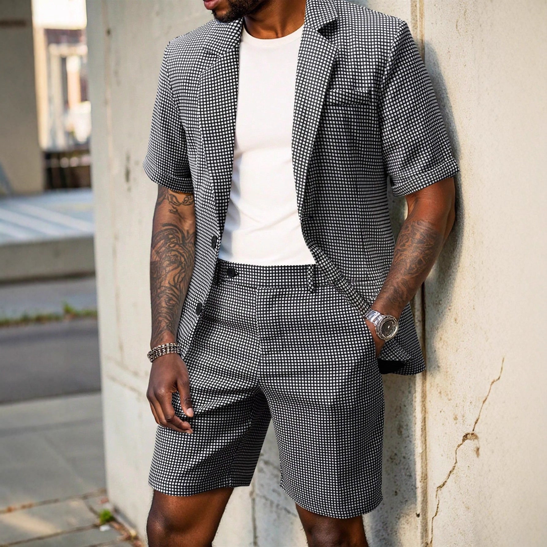 Mens Plaid Slim-Fit Business-Casual Suit Set