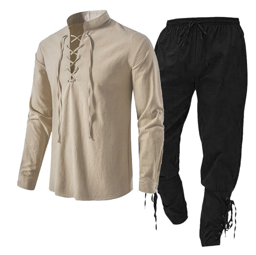 Men's Long Sleeve Linen Cotton Shirt Casual Solid Color Two-Piece Set