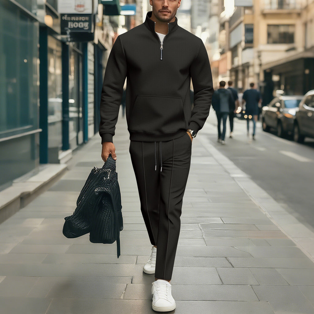 Waffle-pattern Solid-color Stand-up Collar Pocket Half-zip Long-sleeve Hoodie And Pants Set