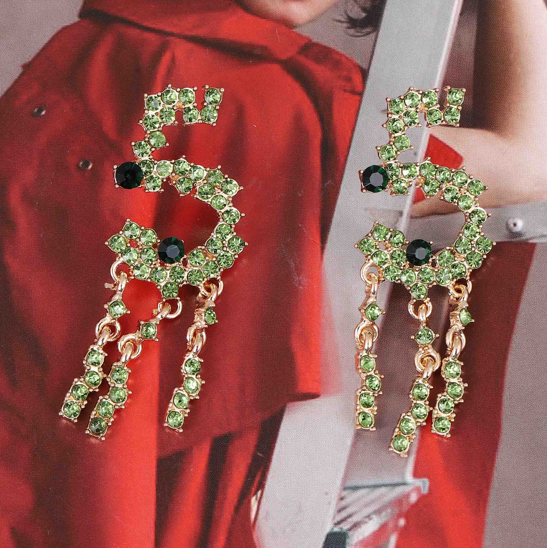 Alloy Stud Earrings With Diamond-encrusted Numerals And Tassel Detailing