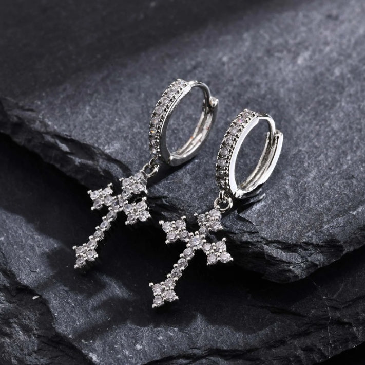 1 Pair Men's Sparkling Zircon Cross Dangle Huggie Hoops,Everyday Versatile Earrings