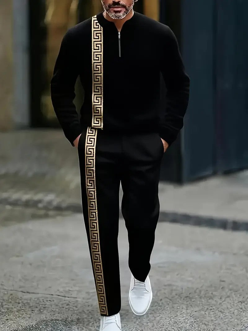 Long-sleeve Polo Shirt Long Pants Half-zip Placket Casual Sportswear Set