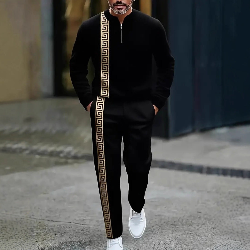 Long-sleeve Polo Shirt Long Pants Half-zip Placket Casual Sportswear Set