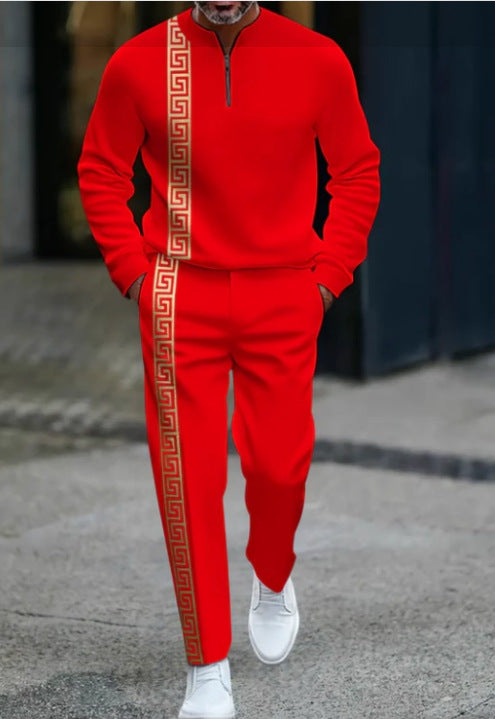 Long-sleeve Polo Shirt Long Pants Half-zip Placket Casual Sportswear Set