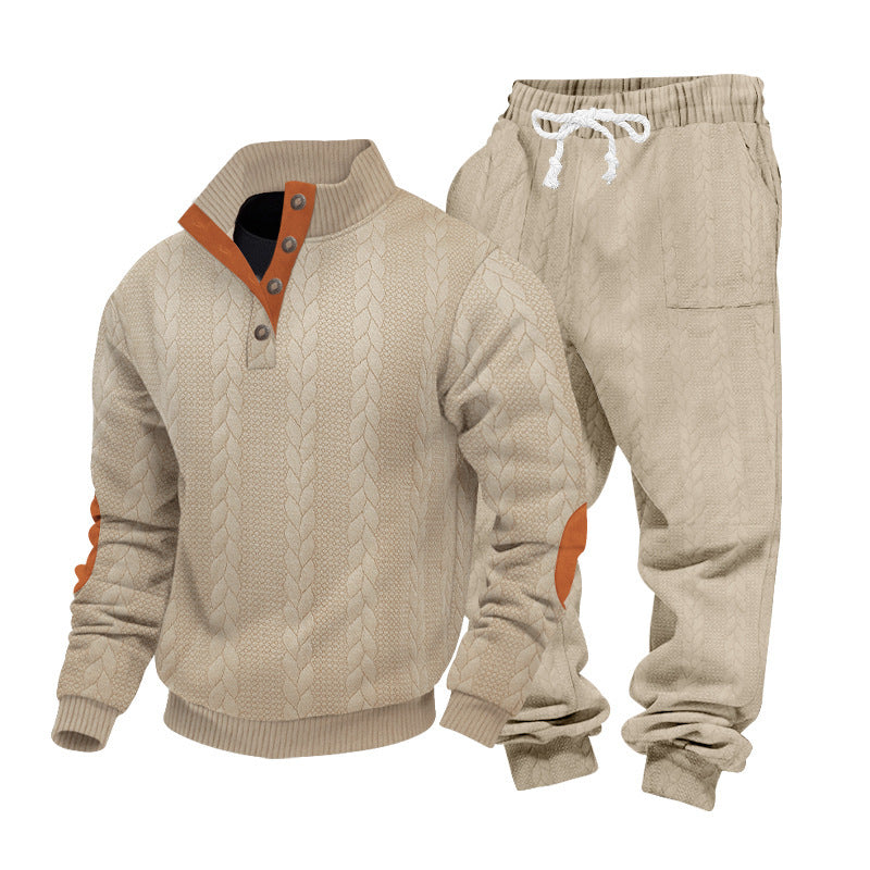 Men's Loose Stand Collar Henley Sweatshirt Casual Pants Set