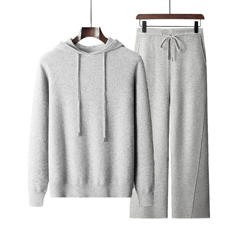 Seamless Hoodie Pure Wool Men's Knitted Pants With Drawstring Two-piece Set