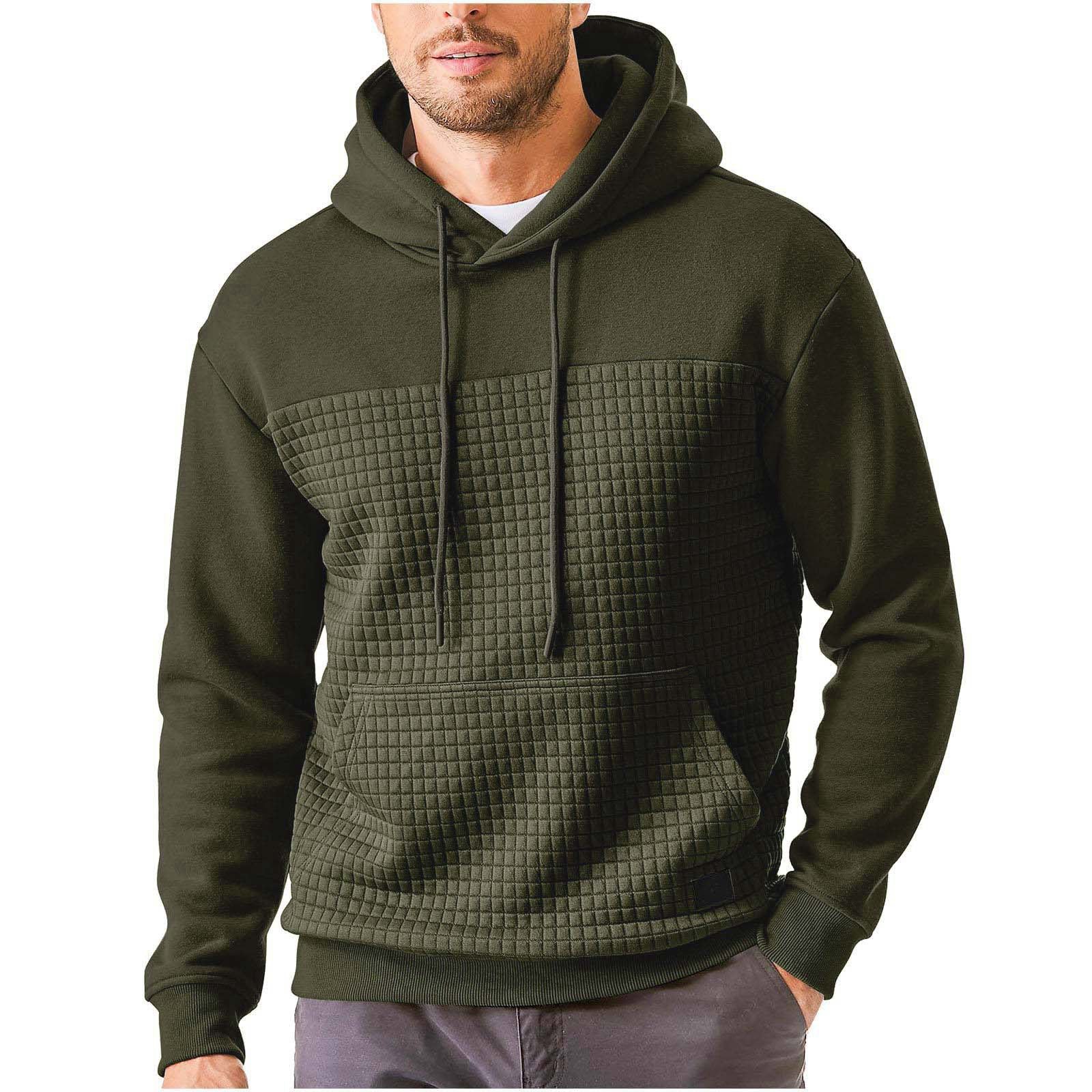Mens Plus-Size Casual Sporty Fleece-Lined Hooded Patchwork Plaid Sweatshirt Jacket