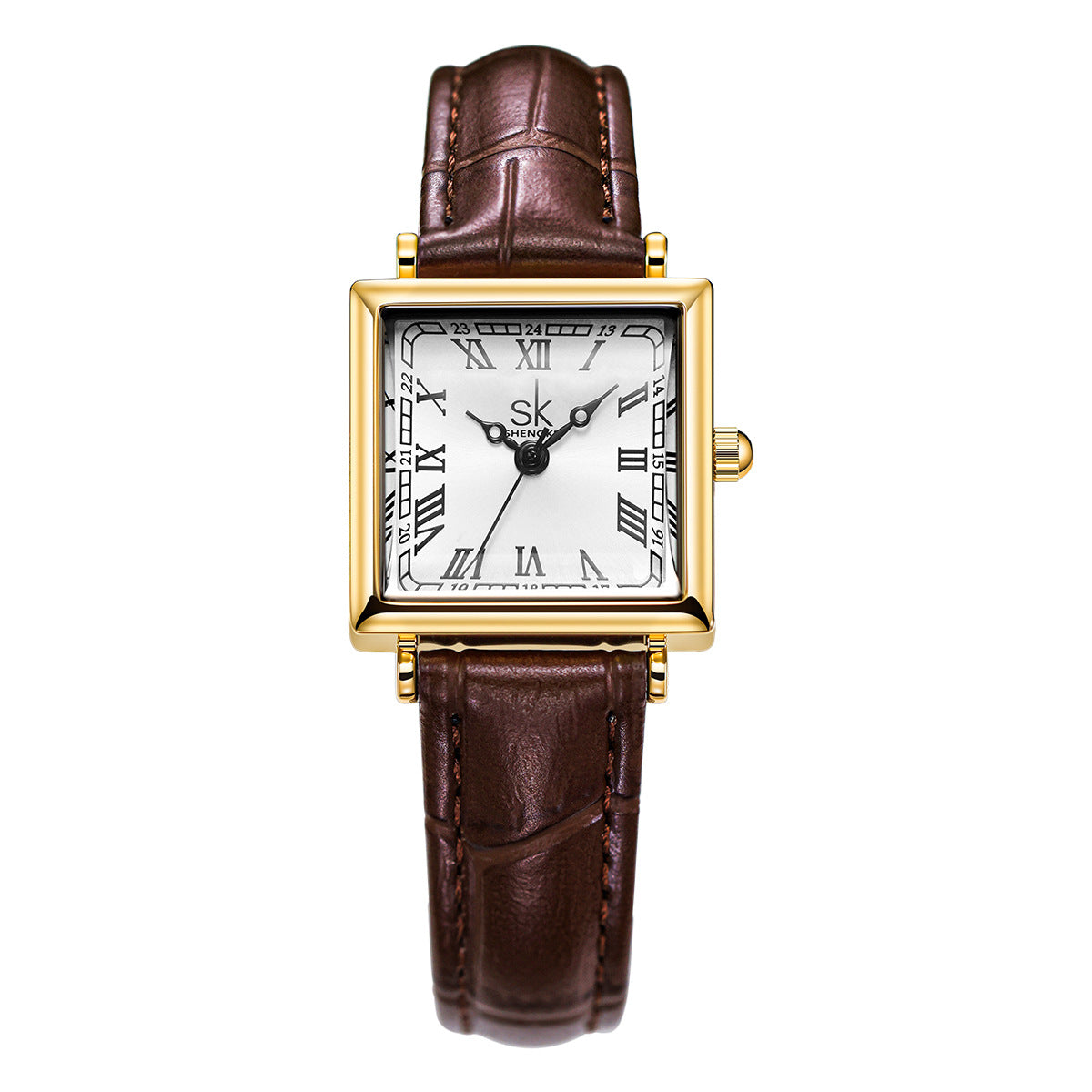 Women's Watch With A Retro-style Small Square Face And Leather Strap