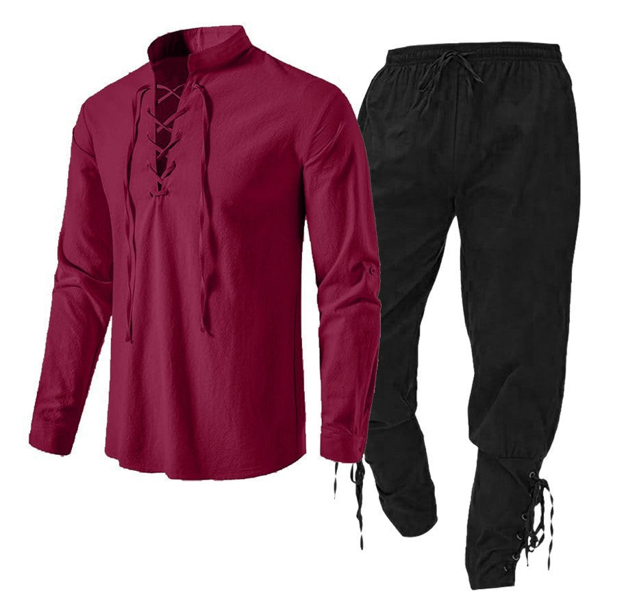 Men's Long Sleeve Linen Cotton Shirt Casual Solid Color Two-Piece Set