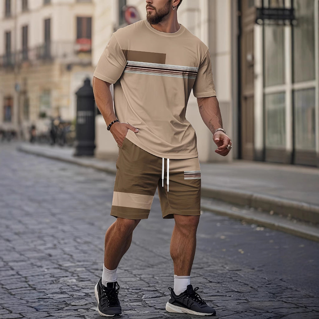 Summer Men's Breathable Comfortable Outdoor Casual Short-sleeved Round-neck Shorts Set