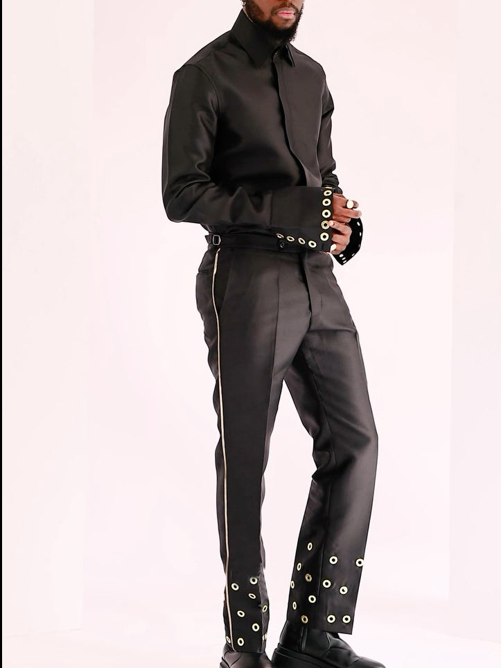 Chic Black Formal Ensemble With Adjustable Eyelet Trim And Structured Silhouette