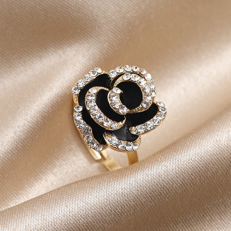 A Stylish  Personalized Women Ring Creative Black Enamel Flower Open Ring Adorned With Rhinestones Boasting A Sophisticated Vibe Perfect For Daily Wear Versatile Styling  Gifting