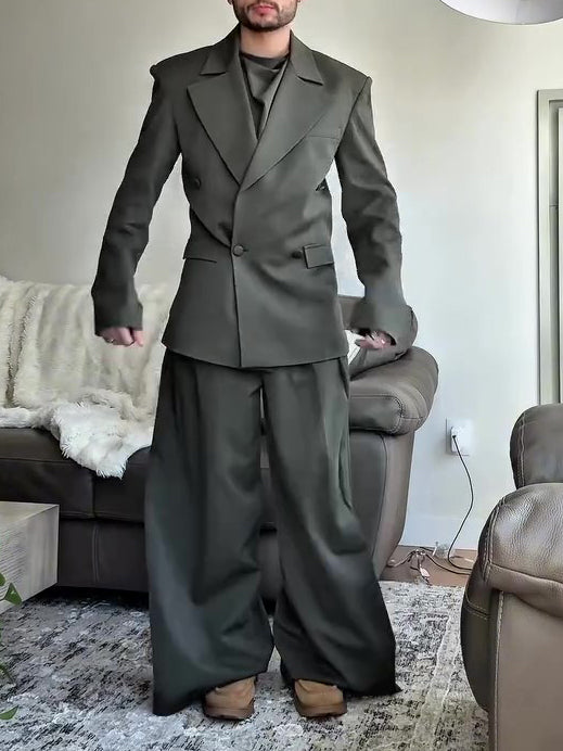 Olive Green Oversized Three-Piece Suit With Blazer, Waistcoat And Wide-Leg Pants