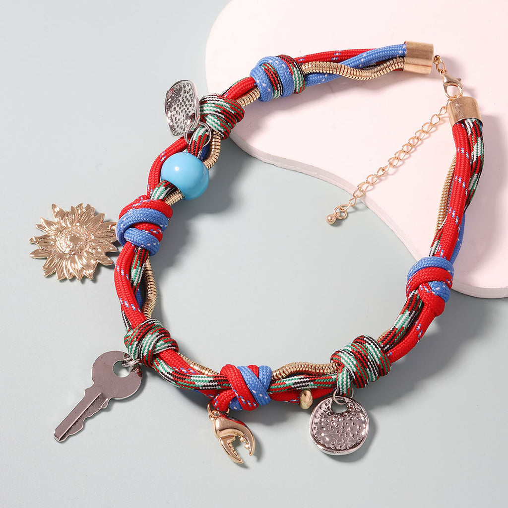 Retro Floral Key Braided Rope Bracelet