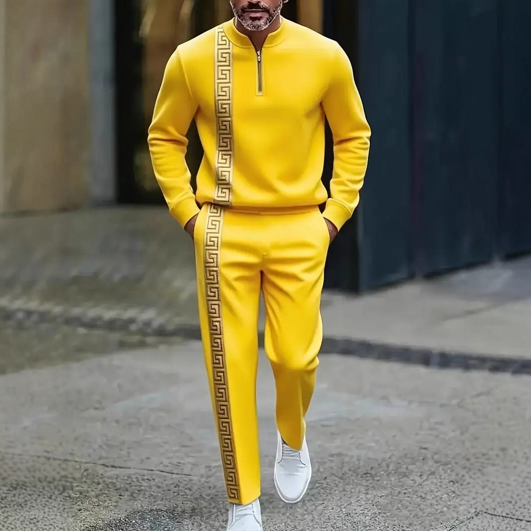 Long-sleeve Polo Shirt Long Pants Half-zip Placket Casual Sportswear Set