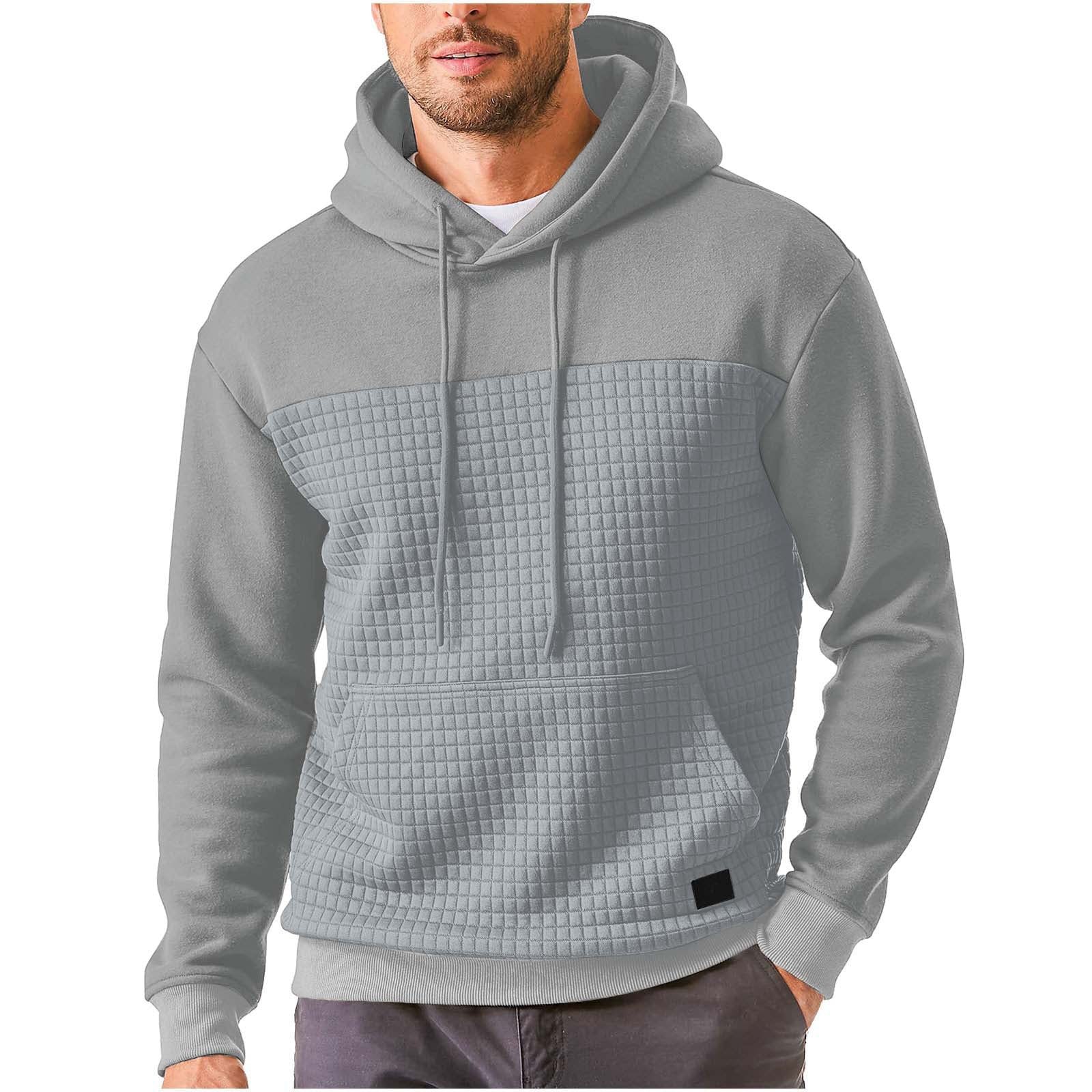 Mens Plus-Size Casual Sporty Fleece-Lined Hooded Patchwork Plaid Sweatshirt Jacket