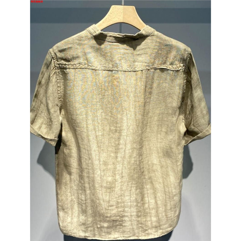 American-style Vintage Linen Crew-neck Short-sleeve Shirt
