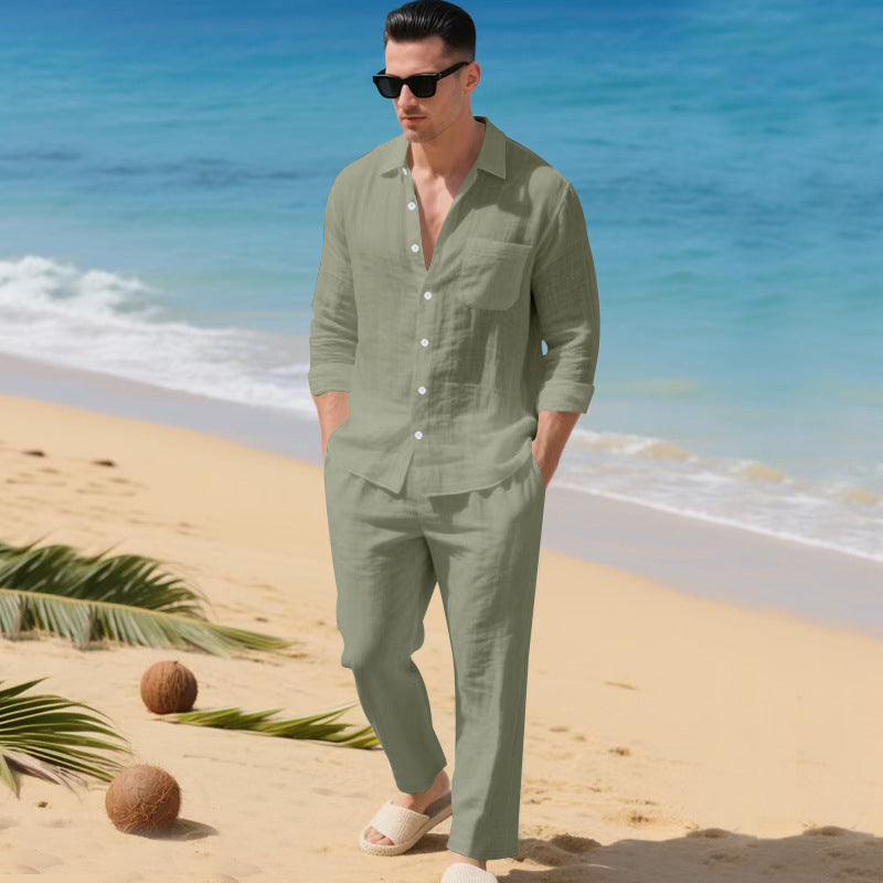 Beach Leisure Loose Collar Shirt Long Sleeve Pants Set