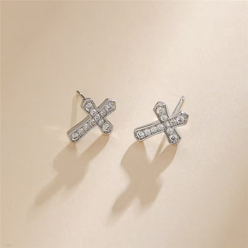 1 Pair Korean Trendy Zircon Cross Stud Earrings,Sparkling, Unisex.Hip Hop Piercing Jewelry