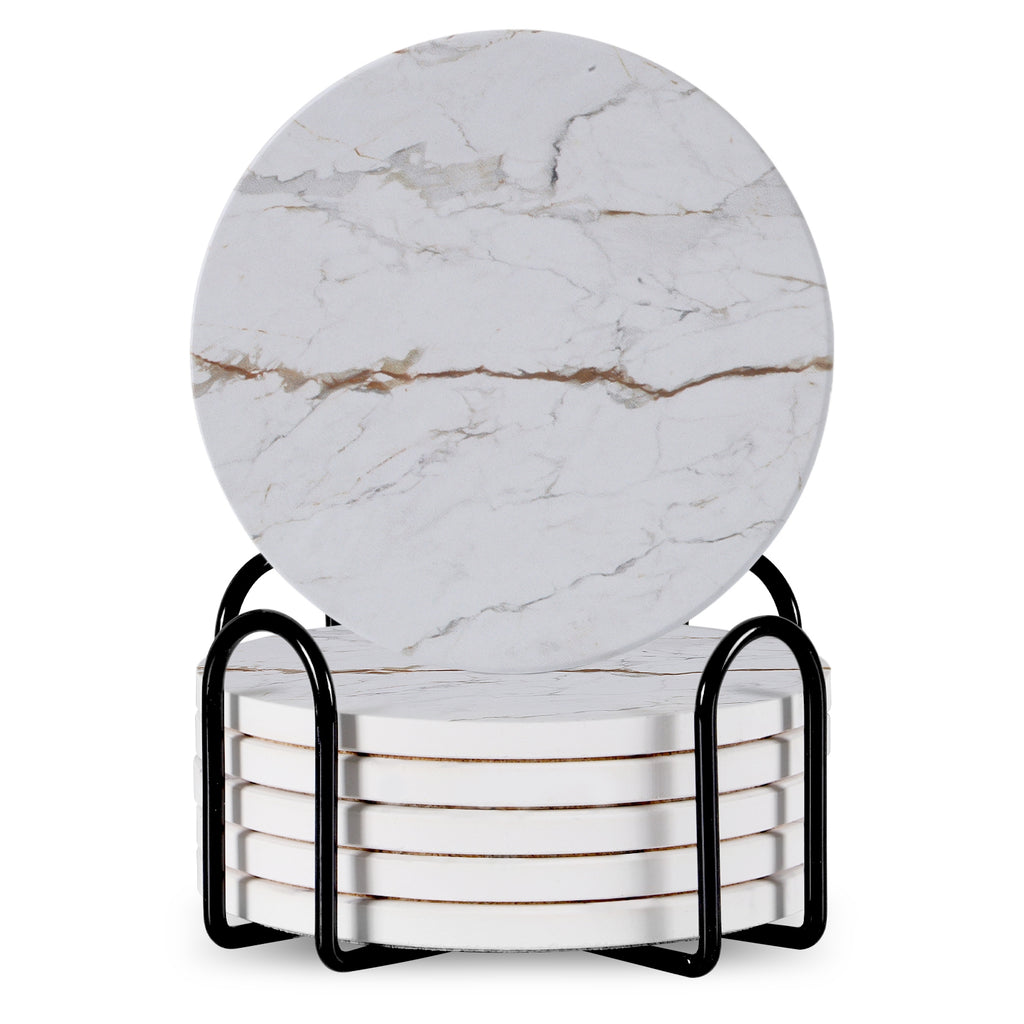 Set Of 6 Beverage Coasters With Stand Round 4in Ceramic Coaster With Metal Stand Absorbent Marble Stone Coaster With Cork Base