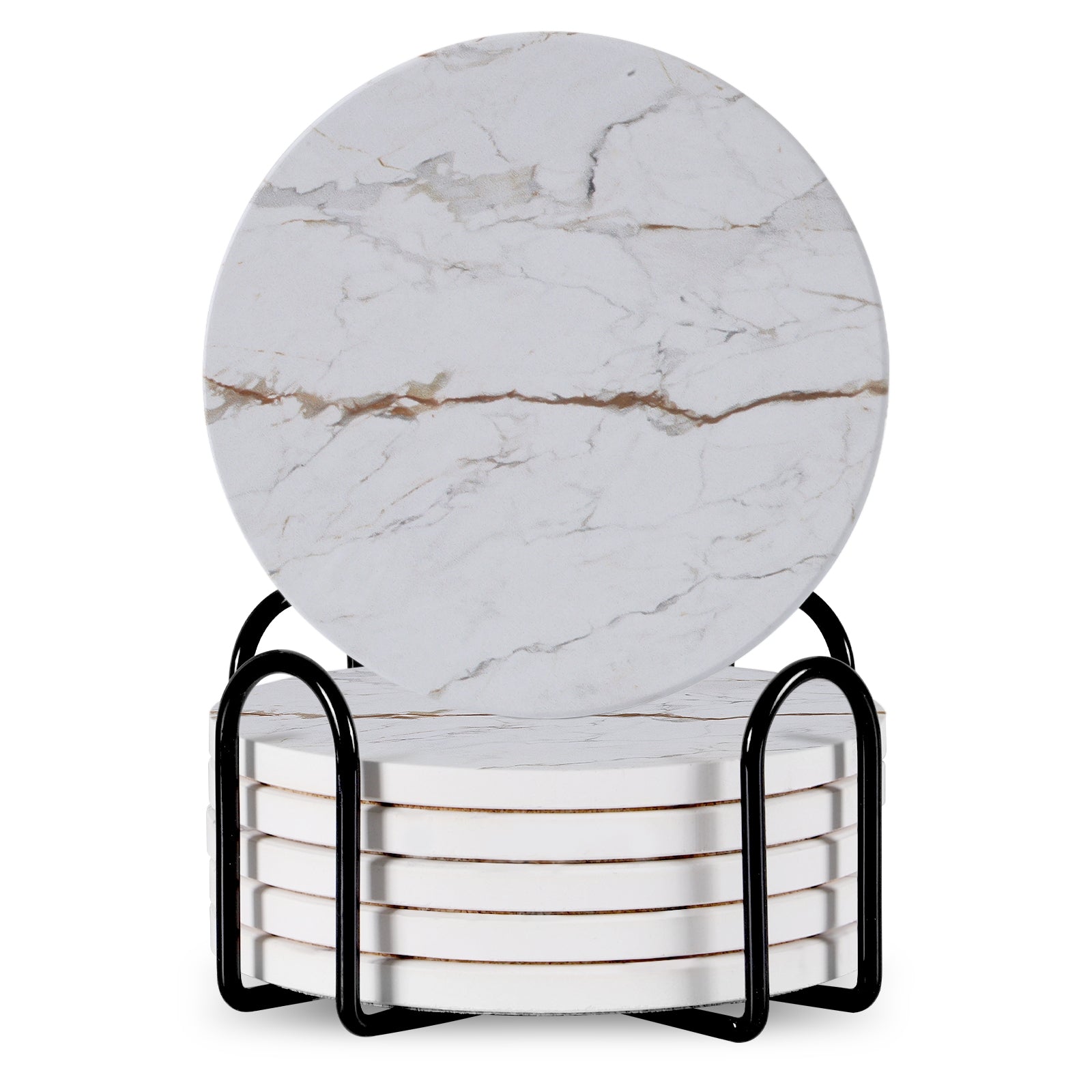 Set Of 6 Beverage Coasters With Stand Round 4in Ceramic Coaster With Metal Stand Absorbent Marble Stone Coaster With Cork Base