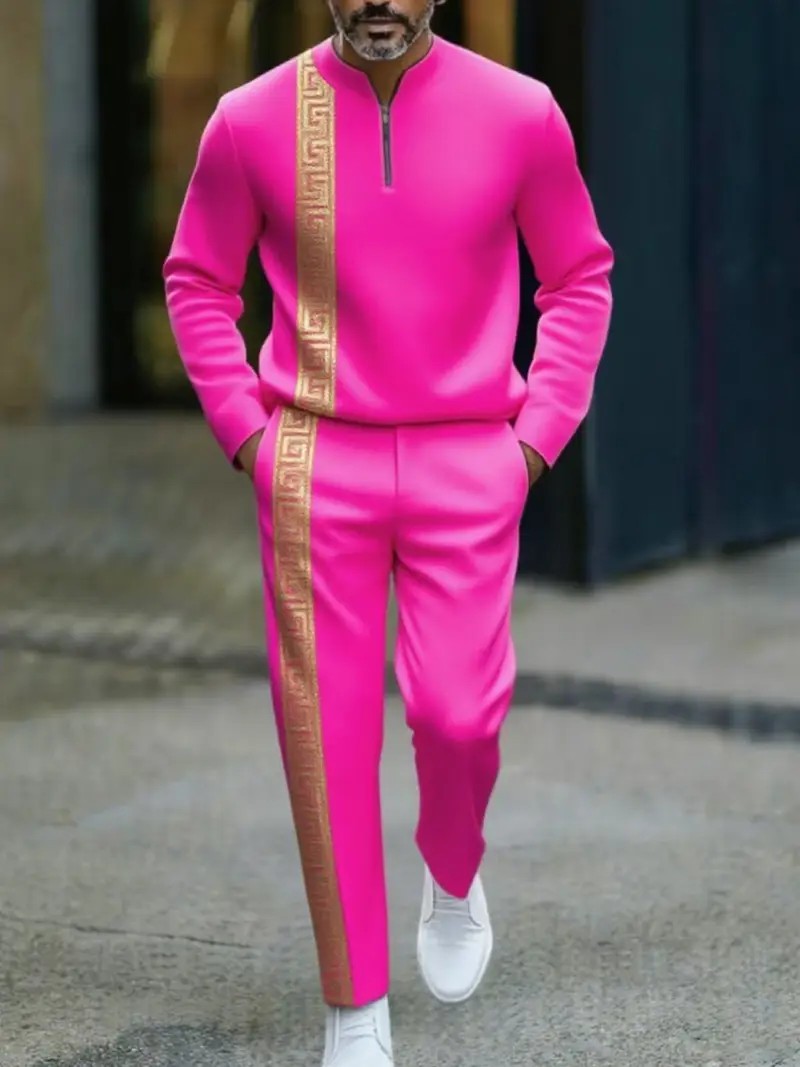 Long-sleeve Polo Shirt Long Pants Half-zip Placket Casual Sportswear Set