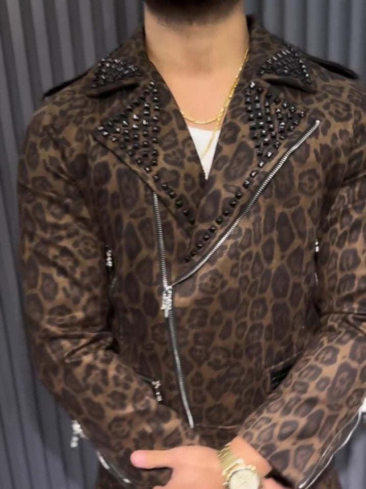 Brown Leopard Print Biker Jacket And Cargo Pants Two-Piece Set