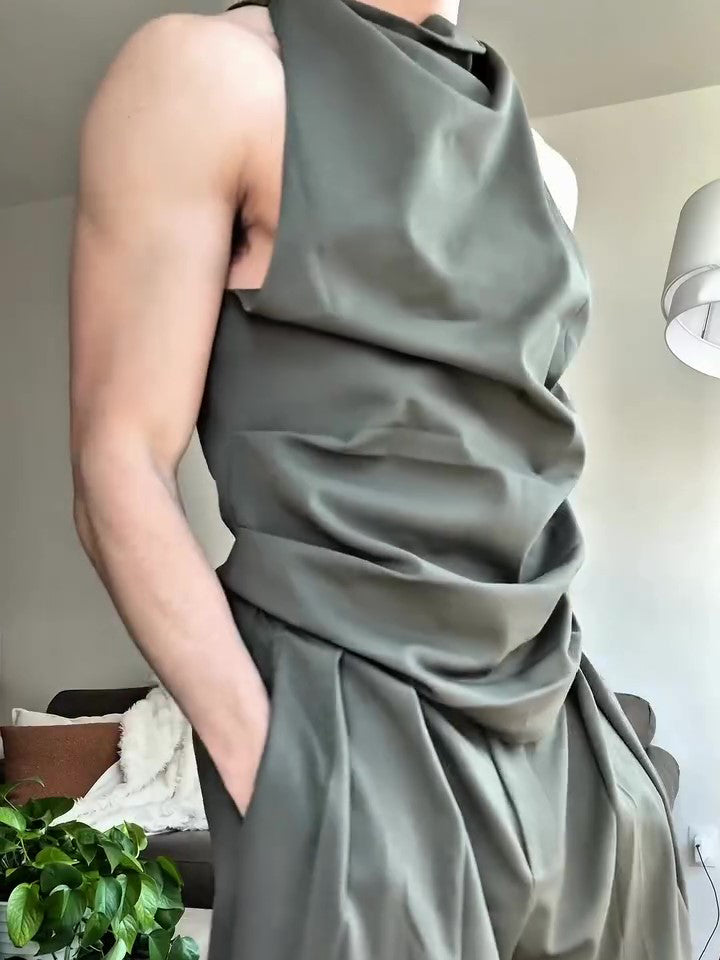 Olive Green Oversized Three-Piece Suit With Blazer, Waistcoat And Wide-Leg Pants