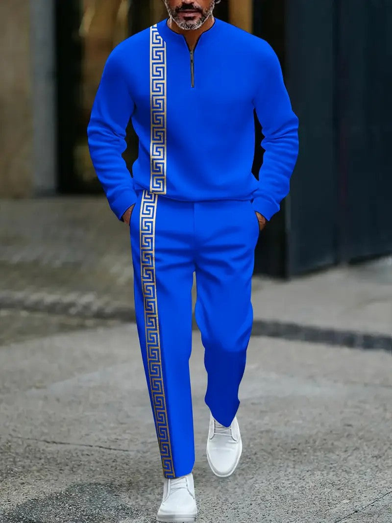 Long-sleeve Polo Shirt Long Pants Half-zip Placket Casual Sportswear Set