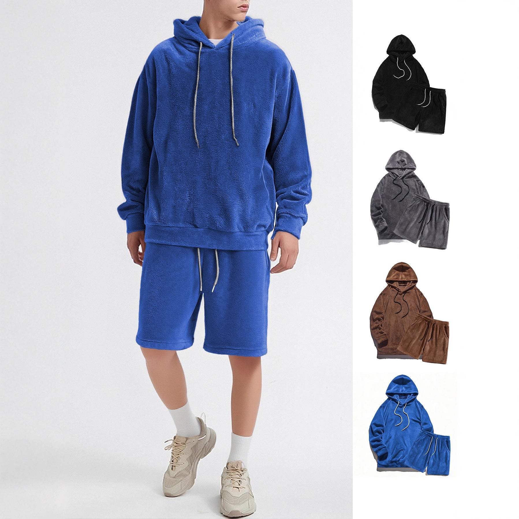 Plus Size Hooded Men's Sweatshirt Coral Fleece Jacket Shorts Set