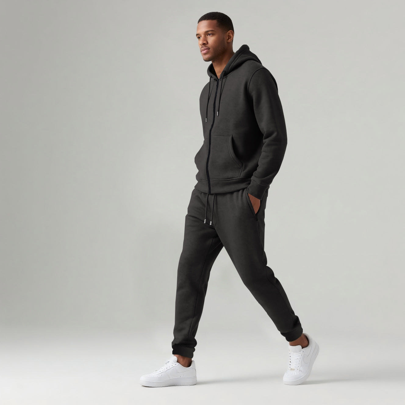Men's Solid Color Long-sleeve Long Pants Hooded Sportswear Set