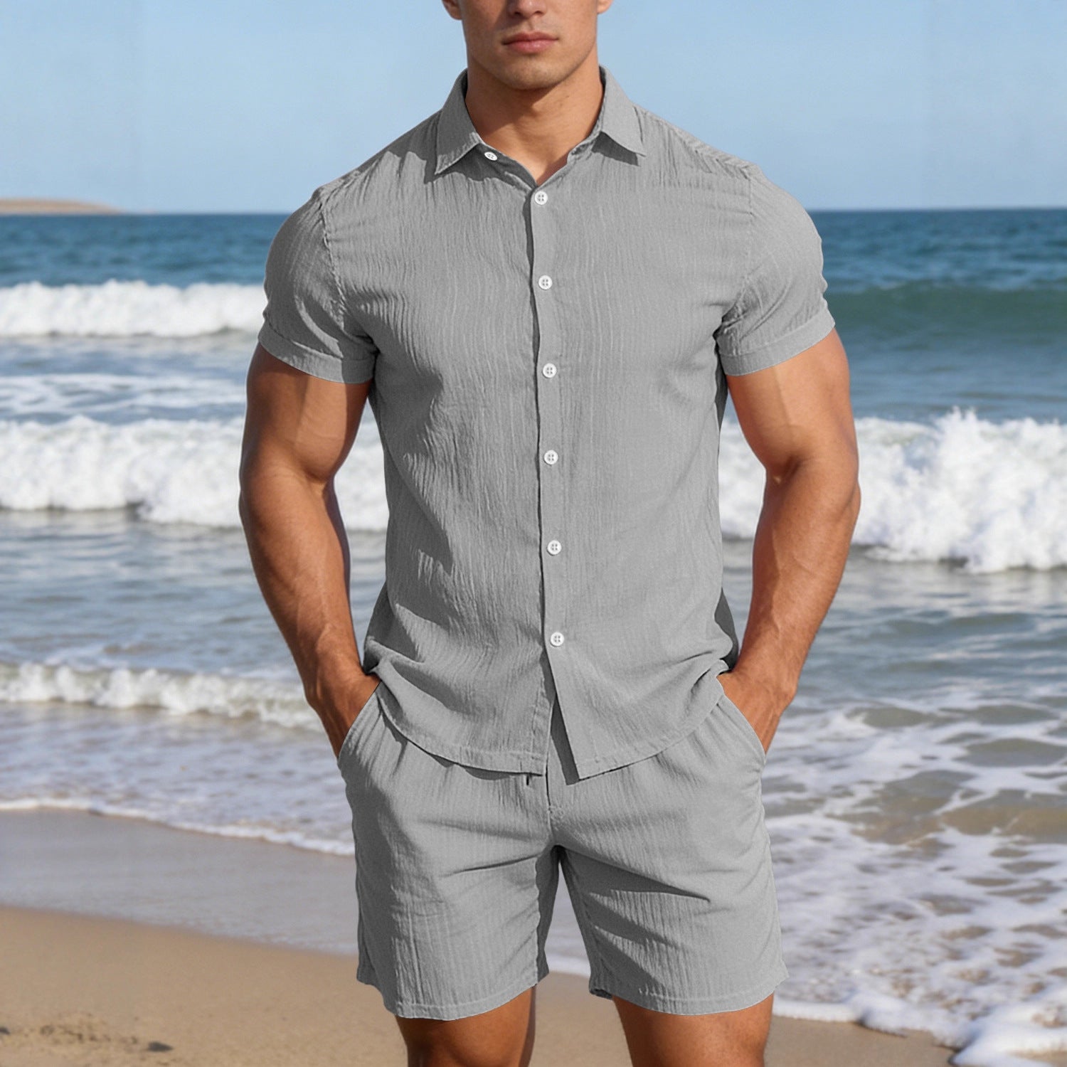 Men's Casual Button-up Short-sleeve Top And Shorts Two-piece Set