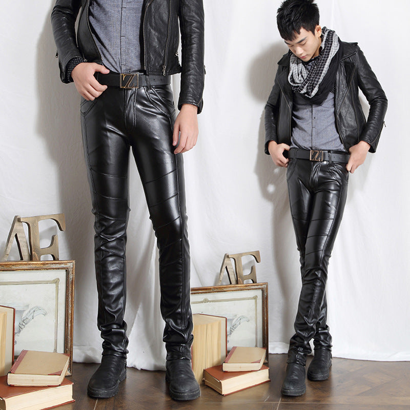 Mens Leather Pants For FallWinter Korean-Style Slim-Fit Stacked Pants Mens Leather Trousers For Casual Wear