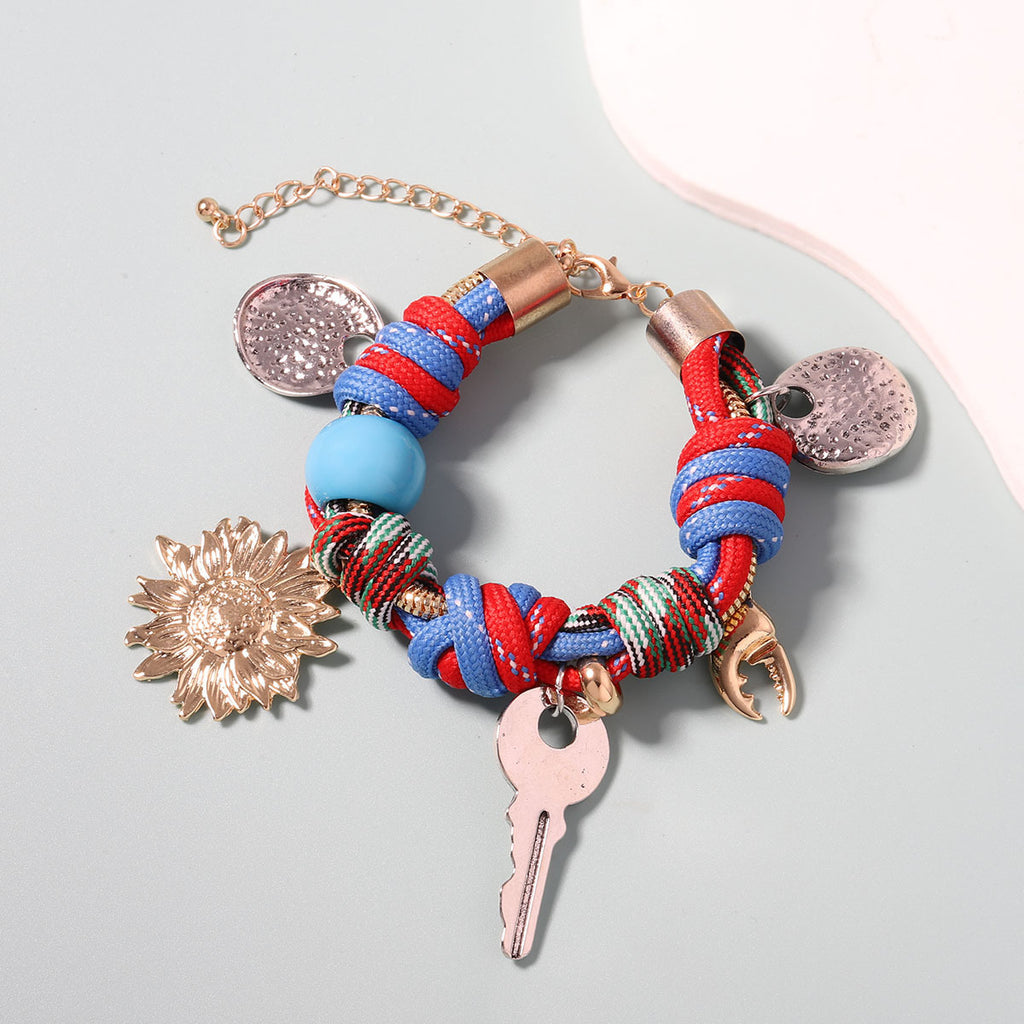 Retro Floral Key Braided Rope Bracelet