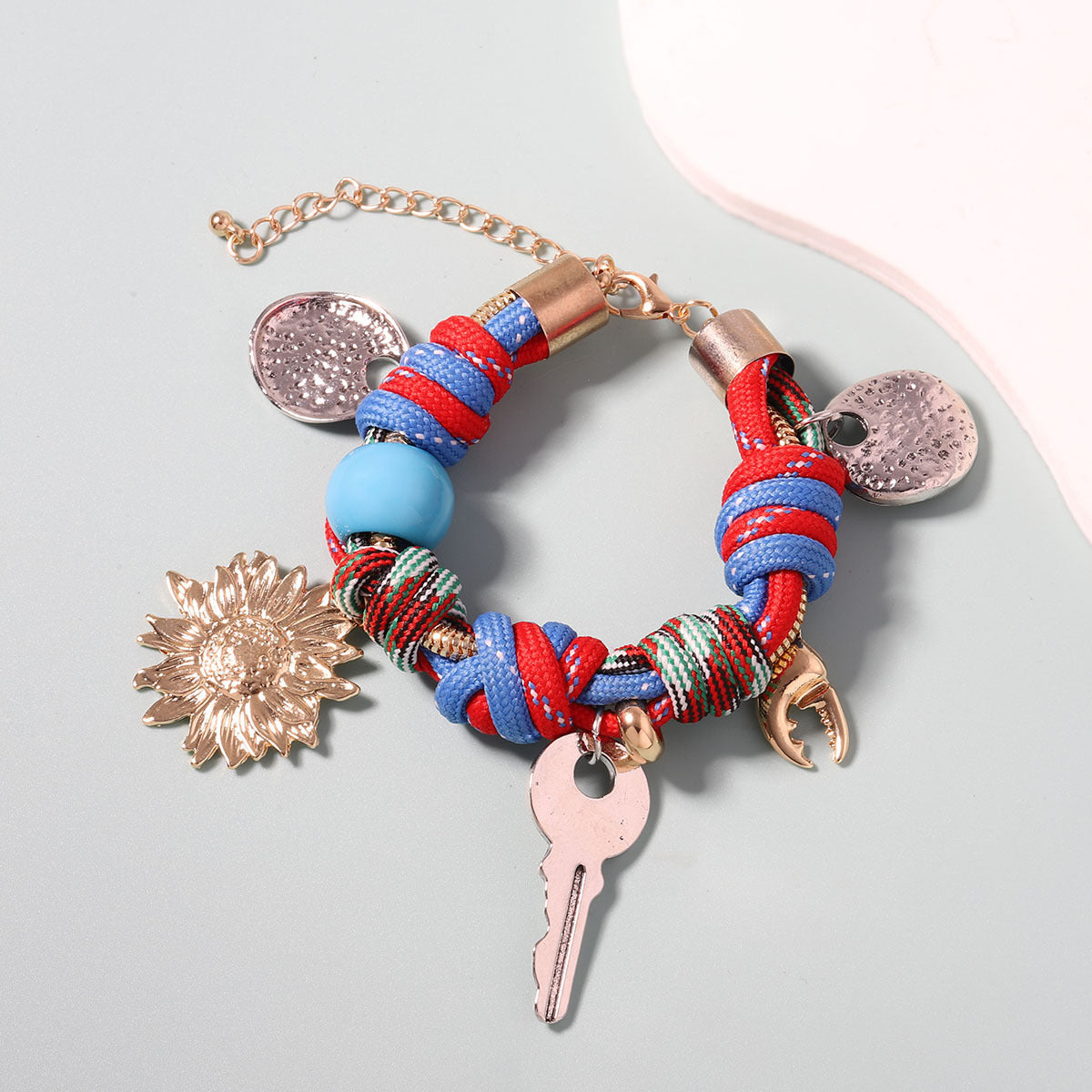 Retro Floral Key Braided Rope Bracelet